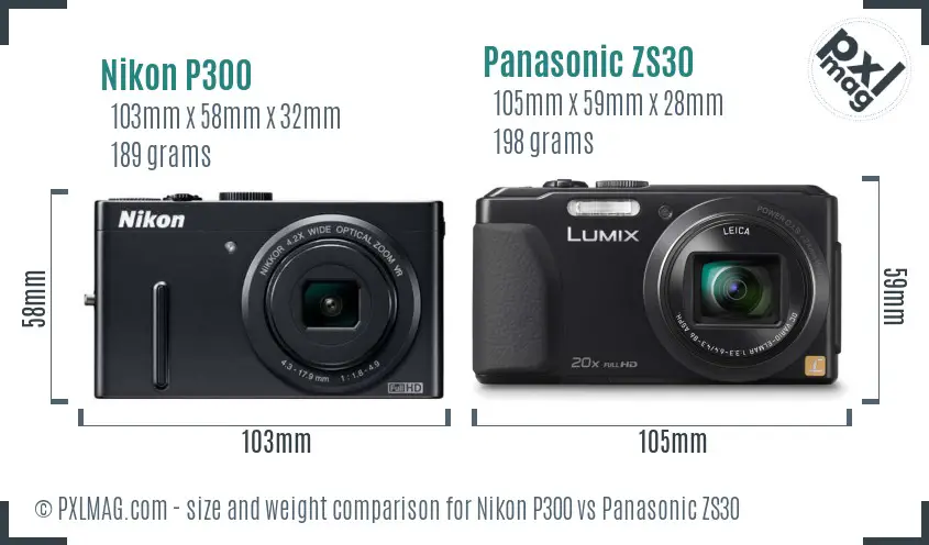 Nikon P300 vs Panasonic ZS30 size comparison