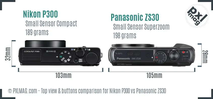 Nikon P300 vs Panasonic ZS30 top view buttons comparison