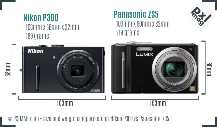 Nikon P300 vs Panasonic ZS5 size comparison