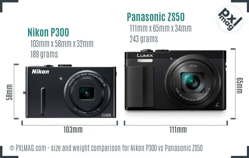 Nikon P300 vs Panasonic ZS50 size comparison