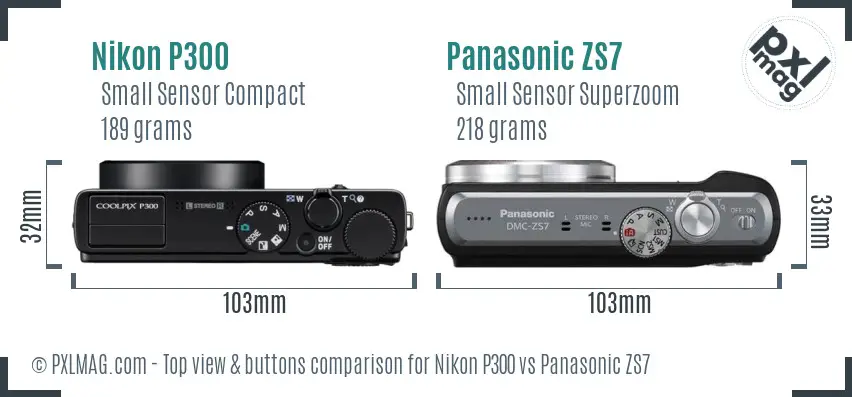 Nikon P300 vs Panasonic ZS7 top view buttons comparison