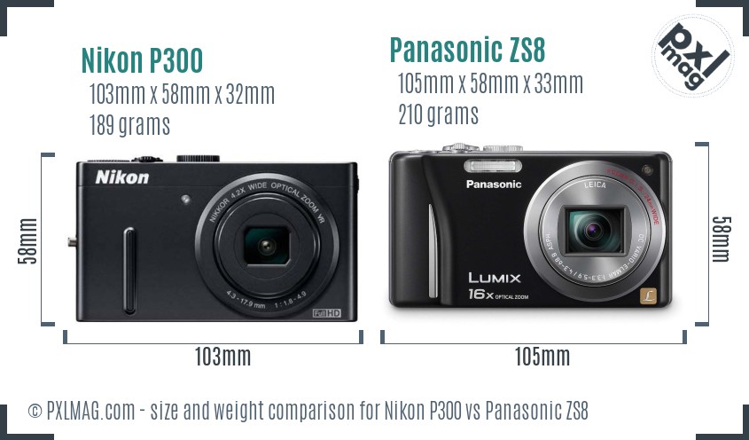 Nikon P300 vs Panasonic ZS8 size comparison