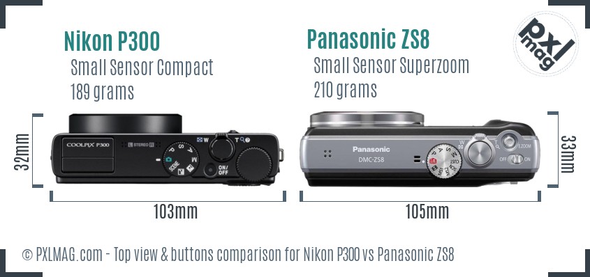 Nikon P300 vs Panasonic ZS8 top view buttons comparison