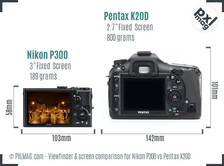 Nikon P300 vs Pentax K20D Screen and Viewfinder comparison