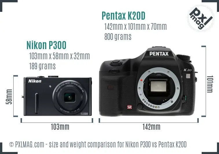 Nikon P300 vs Pentax K20D size comparison