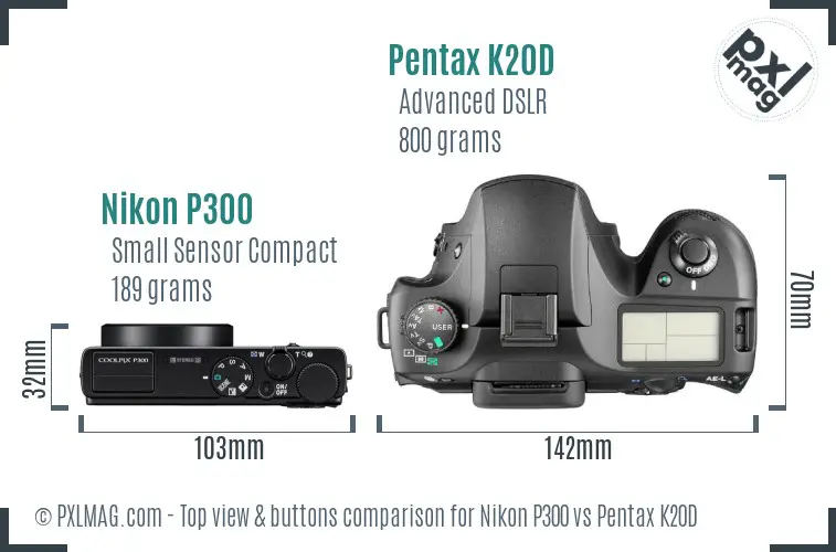 Nikon P300 vs Pentax K20D top view buttons comparison