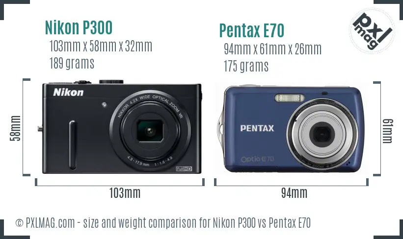 Nikon P300 vs Pentax E70 size comparison