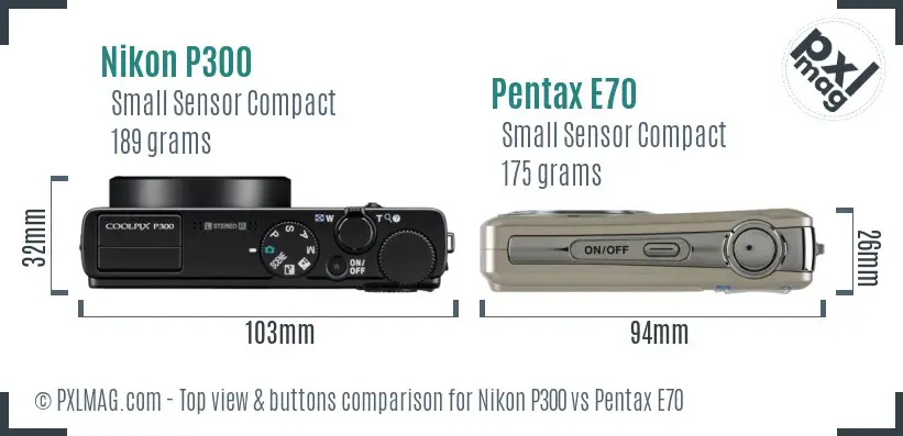 Nikon P300 vs Pentax E70 top view buttons comparison