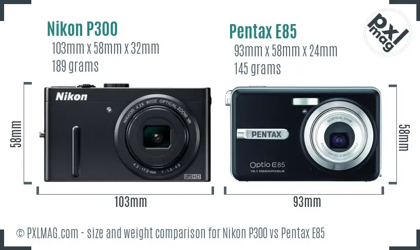 Nikon P300 vs Pentax E85 size comparison