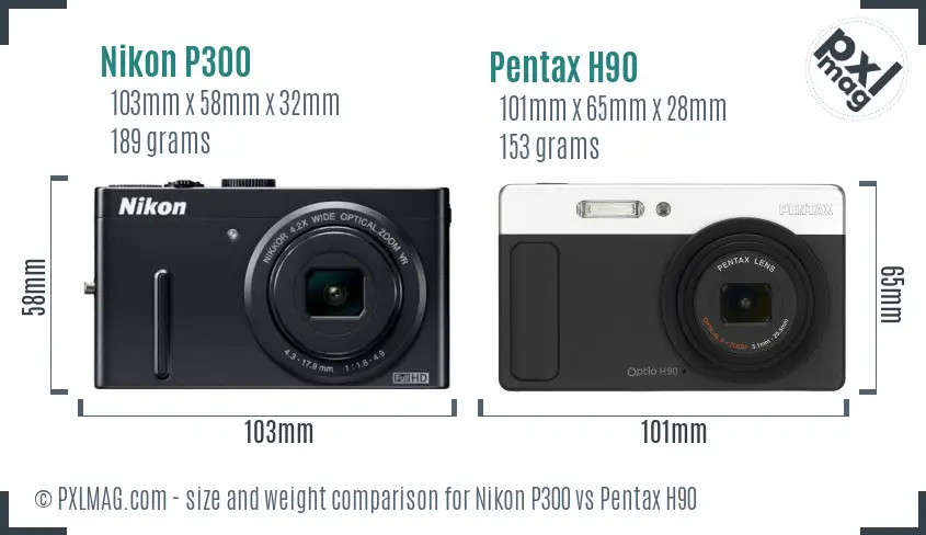 Nikon P300 vs Pentax H90 size comparison