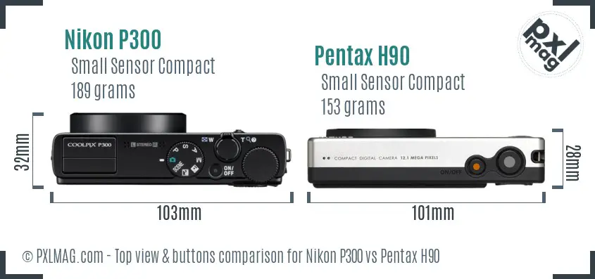 Nikon P300 vs Pentax H90 top view buttons comparison