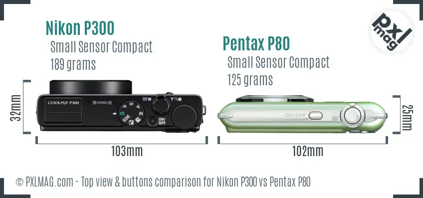 Nikon P300 vs Pentax P80 top view buttons comparison Nikon P300 vs Pentax P80 top view buttons comparison