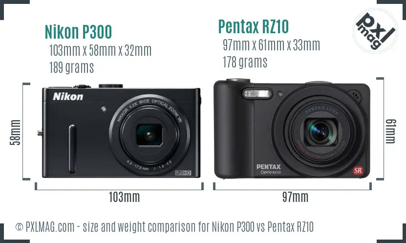 Nikon P300 vs Pentax RZ10 size comparison