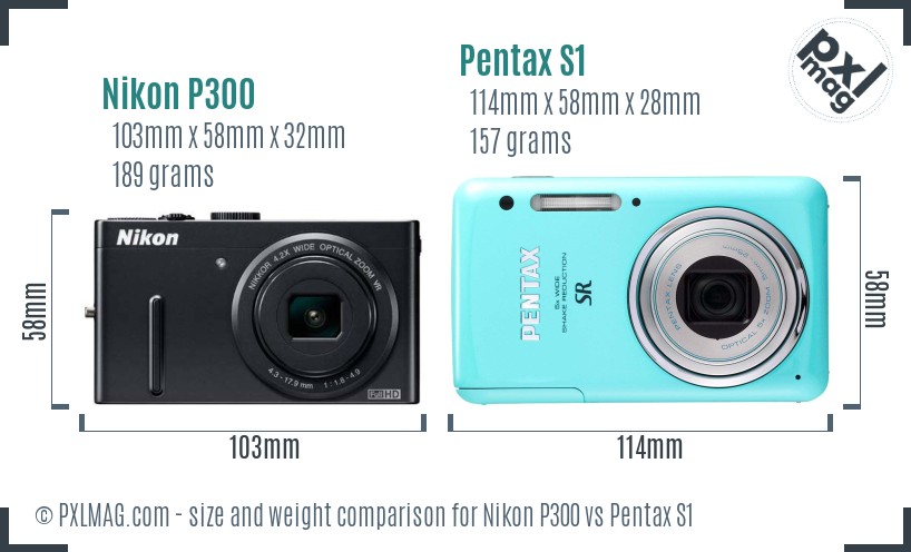Nikon P300 vs Pentax S1 size comparison