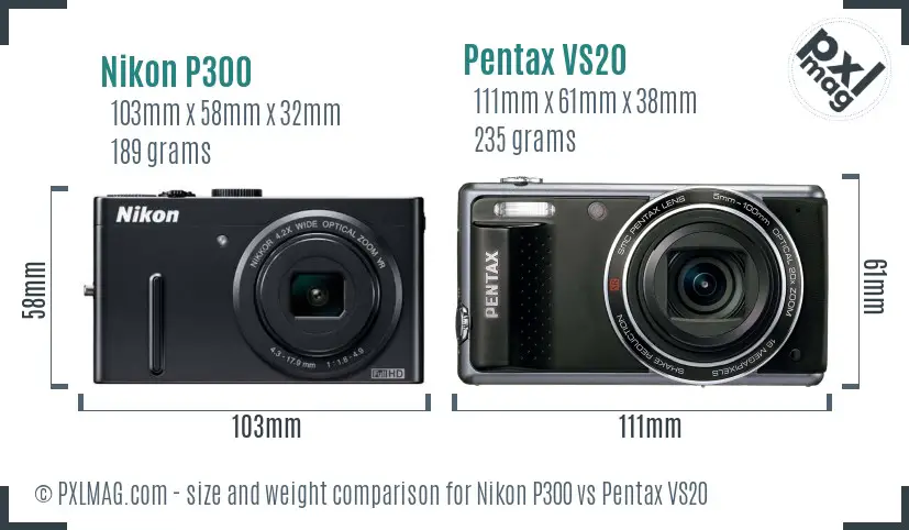 Nikon P300 vs Pentax VS20 size comparison