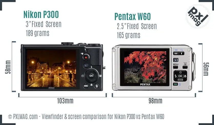 Nikon P300 vs Pentax W60 Screen and Viewfinder comparison