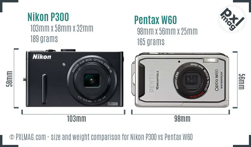 Nikon P300 vs Pentax W60 size comparison
