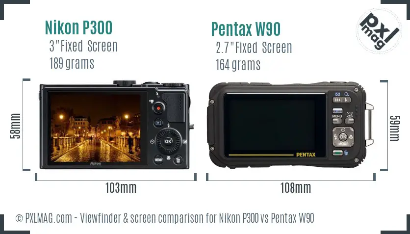 Nikon P300 vs Pentax W90 Screen and Viewfinder comparison