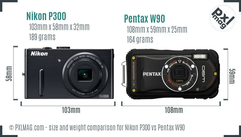 Nikon P300 vs Pentax W90 size comparison