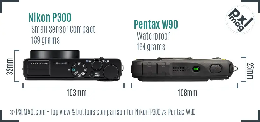 Nikon P300 vs Pentax W90 top view buttons comparison