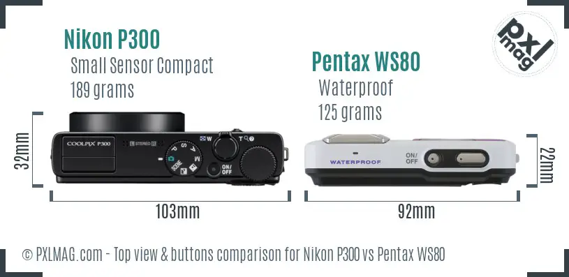 Nikon P300 vs Pentax WS80 top view buttons comparison