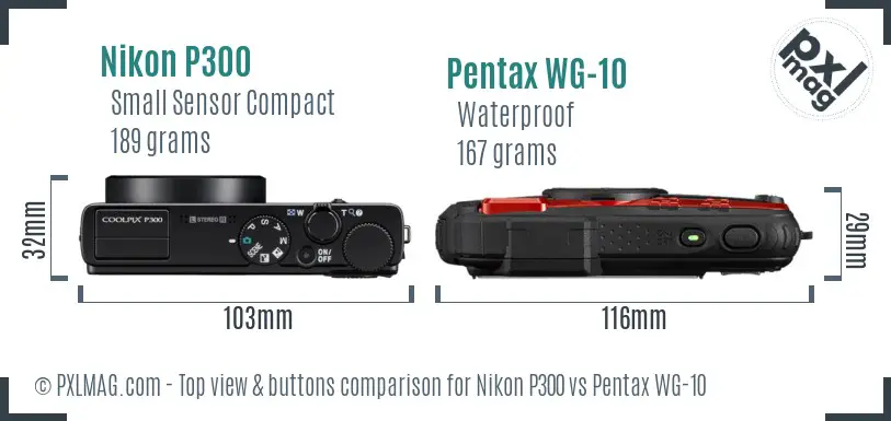 Nikon P300 vs Pentax WG-10 top view buttons comparison Nikon P300 vs Pentax WG-10 top view buttons comparison