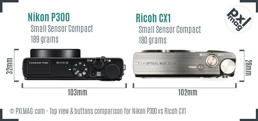 Nikon P300 vs Ricoh CX1 top view buttons comparison