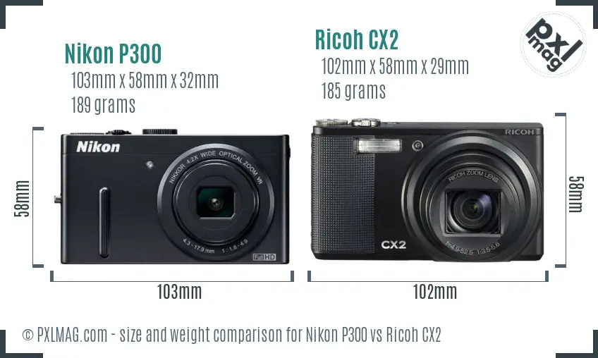 Nikon P300 vs Ricoh CX2 size comparison