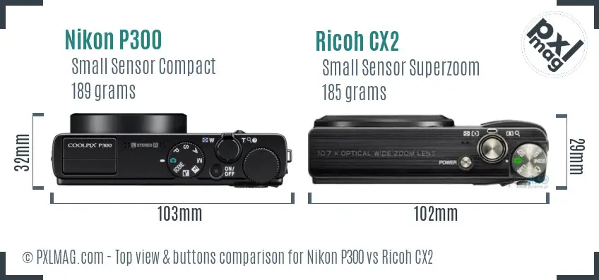 Nikon P300 vs Ricoh CX2 top view buttons comparison