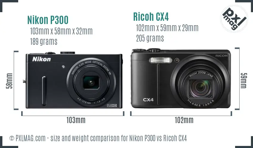 Nikon P300 vs Ricoh CX4 size comparison