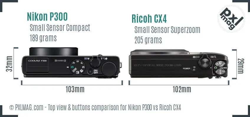 Nikon P300 vs Ricoh CX4 top view buttons comparison