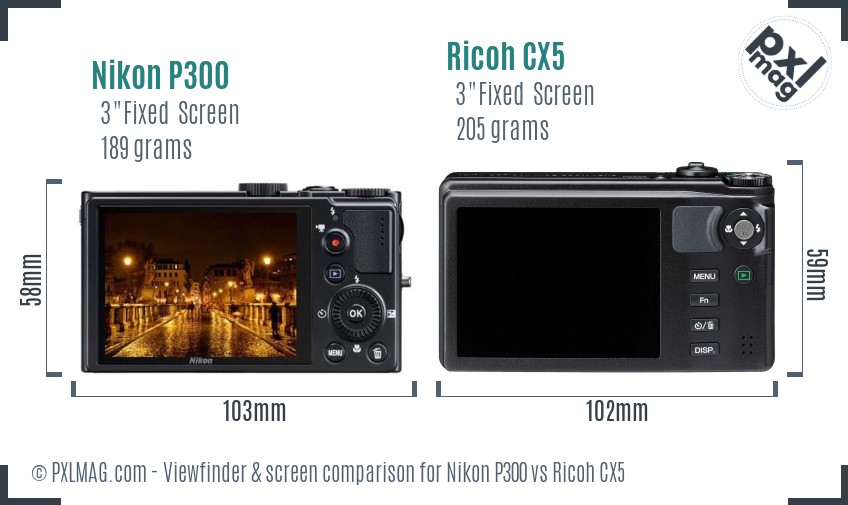Nikon P300 vs Ricoh CX5 Screen and Viewfinder comparison