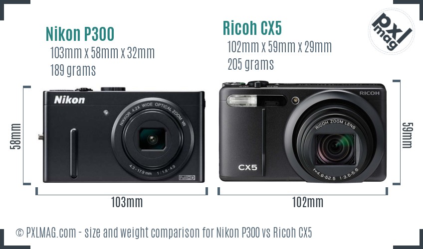 Nikon P300 vs Ricoh CX5 size comparison