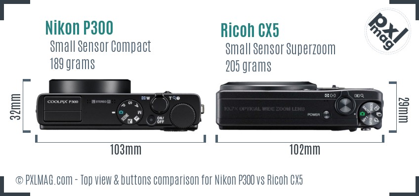 Nikon P300 vs Ricoh CX5 top view buttons comparison