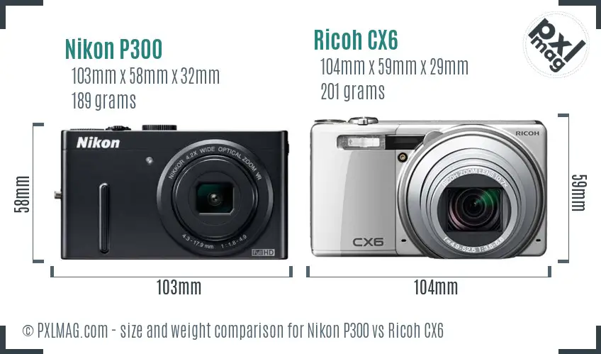 Nikon P300 vs Ricoh CX6 size comparison