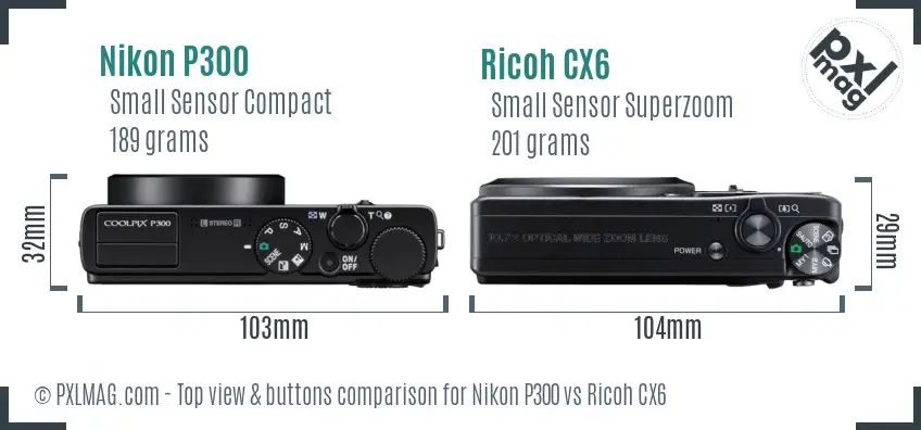 Nikon P300 vs Ricoh CX6 top view buttons comparison
