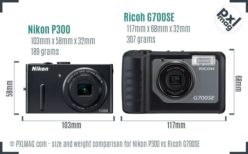 Nikon P300 vs Ricoh G700SE size comparison