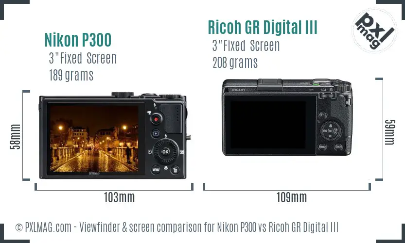 Nikon P300 vs Ricoh GR Digital III Screen and Viewfinder comparison