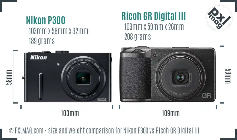 Nikon P300 vs Ricoh GR Digital III size comparison