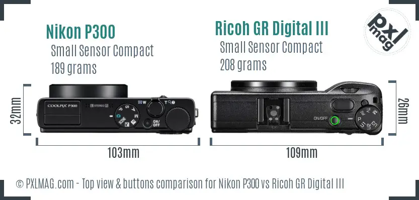 Nikon P300 vs Ricoh GR Digital III top view buttons comparison