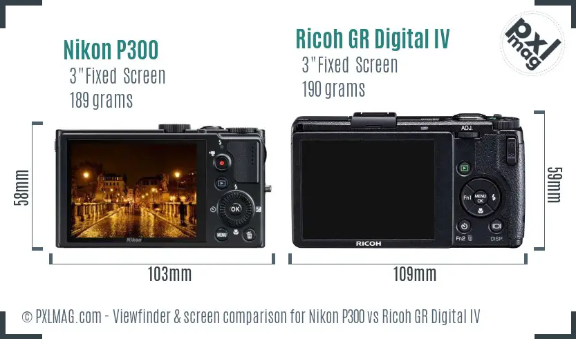 Nikon P300 vs Ricoh GR Digital IV Screen and Viewfinder comparison