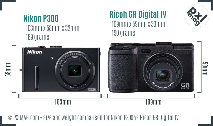 Nikon P300 vs Ricoh GR Digital IV size comparison