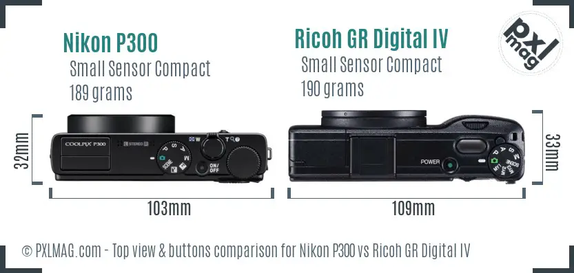 Nikon P300 vs Ricoh GR Digital IV top view buttons comparison