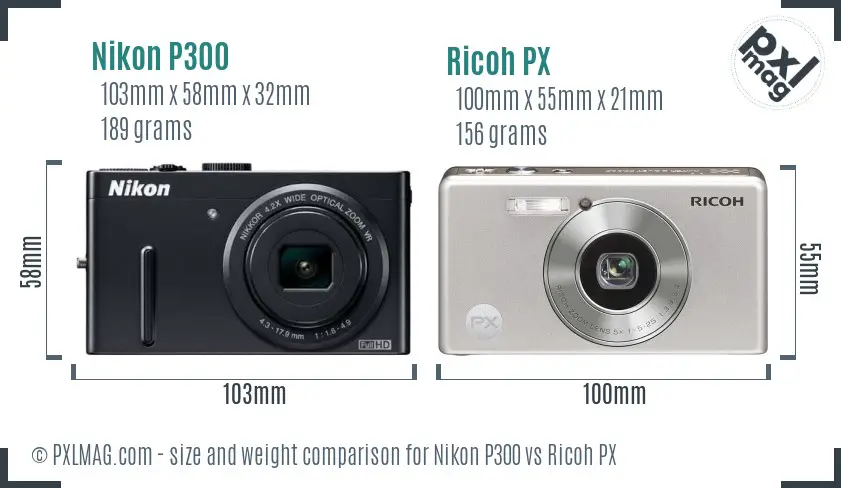 Nikon P300 vs Ricoh PX size comparison