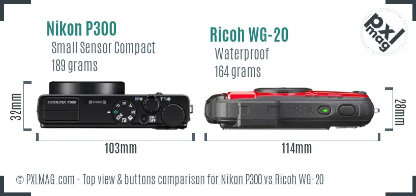 Nikon P300 vs Ricoh WG-20 top view buttons comparison