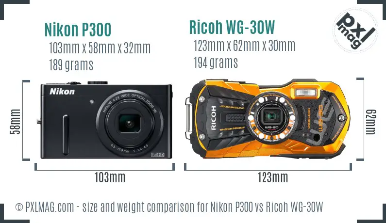 Nikon P300 vs Ricoh WG-30W size comparison