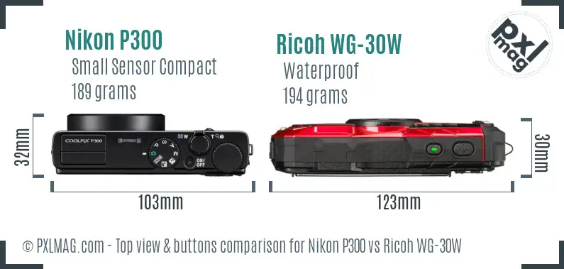 Nikon P300 vs Ricoh WG-30W top view buttons comparison