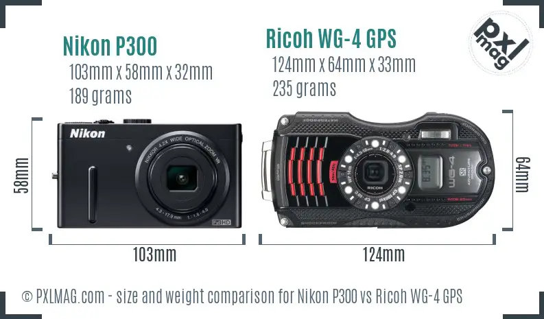 Nikon P300 vs Ricoh WG-4 GPS size comparison