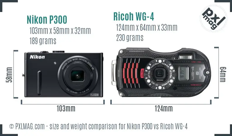 Nikon P300 vs Ricoh WG-4 size comparison