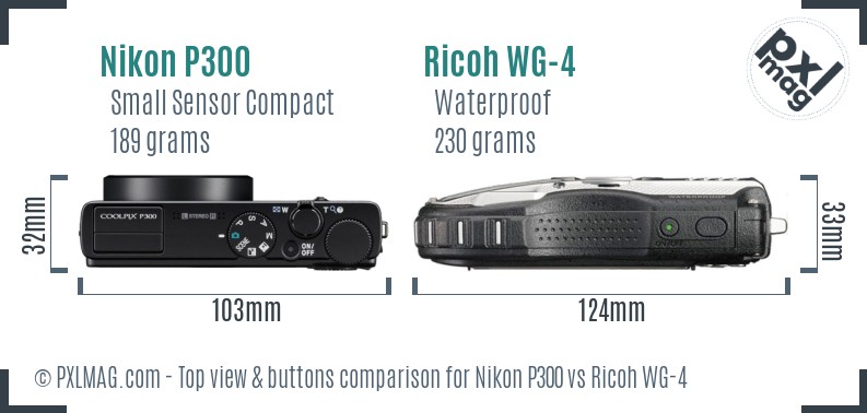 Nikon P300 vs Ricoh WG-4 top view buttons comparison